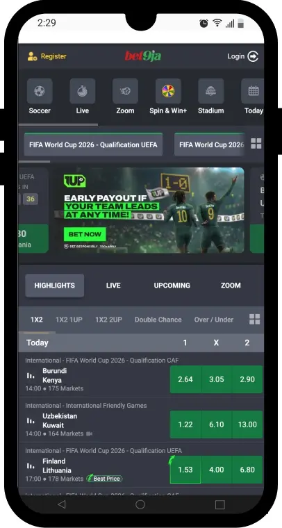 Interface de paris Bet9ja en ligne
